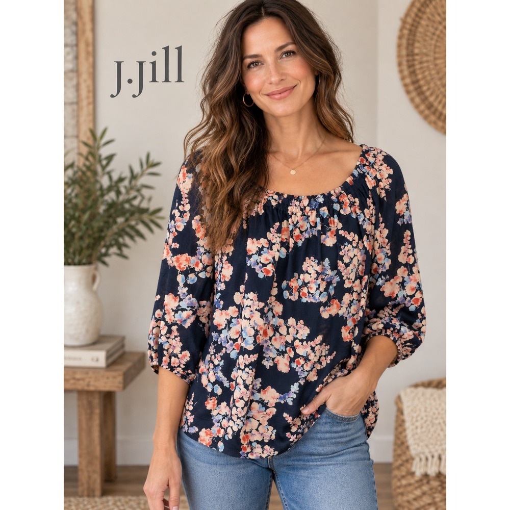 J. Jill Navy Floral Cotton Modal Off Shoulder Peasant Top XL Petite